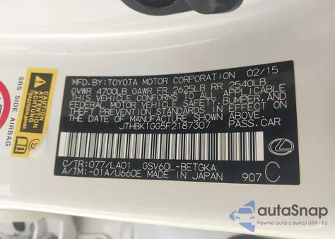 2015 Lexus Es 350 from USA, damaged, VIN JTHBK1GG5F2187307